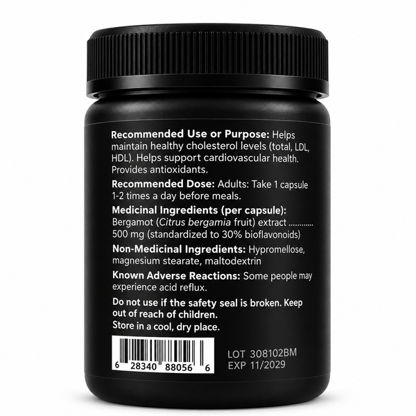 Natrihealth Bergamot | 500mg Citrus Bergamot Capsules | Bioavailable, Plant-based | Citrus Bergamot Supplement for Cholesterol Support & Cardiovascular Health | Natural Bergamot for LDL cholesterol support | 30/60 Veggie Capsules